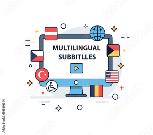Multilingual subtitles concept featuring a video screen with caption text and small language icons conveying translation, accessibility, and global reach.