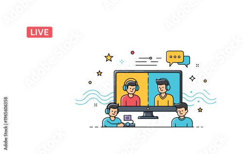 Live esports match scene with players on screen and subtle streaming waves with a chat icon expressing connectivity, excitement, and community interaction.