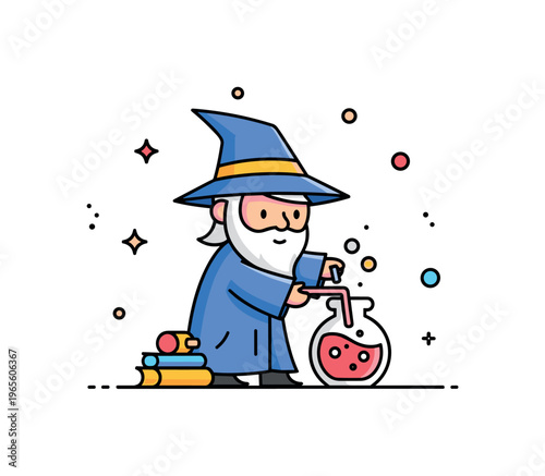 Cute wizard alchemy a small wizard mixing a glowing potion with simple decorative dots suggesting magical energy. A light and engaging illustration of fantasy