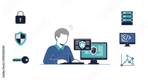 Cybersecurity Concept: Man Working on Secure Systems with Icons
