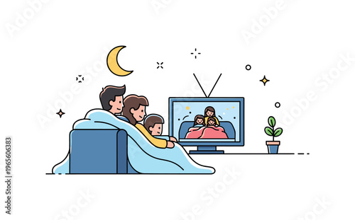 Comfortable family night scene with figures watching TV under a blanket with gentle glow accents expressing closeness, warmth, and shared relaxation.