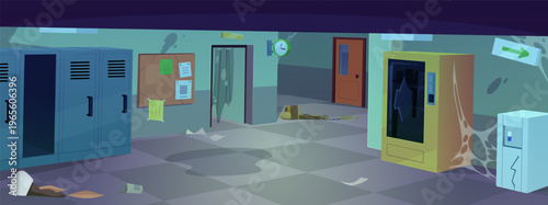 Destroyed and abandoned school corridor vector flat illustration, hallway interior with broken lockers, vending machine