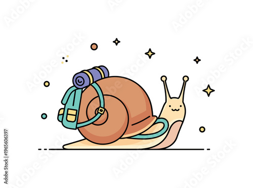 Snail with backpack a cute little snail carrying a tiny backpack on its shell while slowly moving forward. A charming and whimsical scene capturing travel,