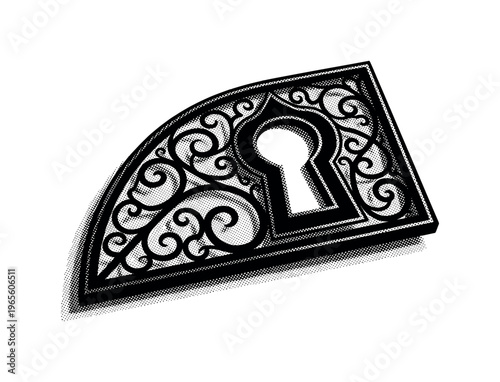 A gothic-inspired emblem plate with dark ornamental curves and a central keyhole silhouette, slightly angled as a single object, black and white halftone