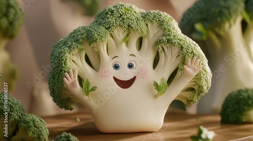 Cheerful broccoli character waves hello to the viewer, background of broccoli, for healthy eating