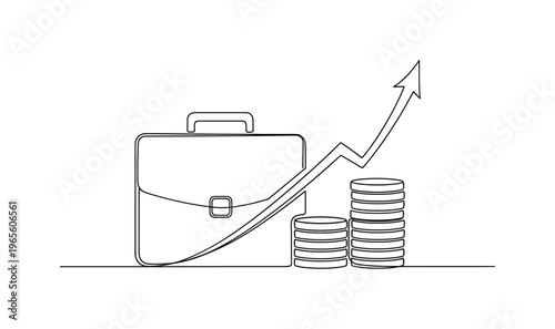 Business Capital Concept. Minimalistic one-line drawing briefcase with coin stack beside and upward motion line, continuous single black line on