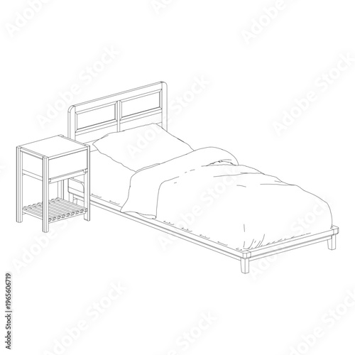 Perspective view of single bed with nightstand in clean outline rendering, presenting modern and minimal bedroom furniture.
