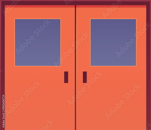 Brown double doors with windows, school or office entrance, vector flat gateway door interior design element
