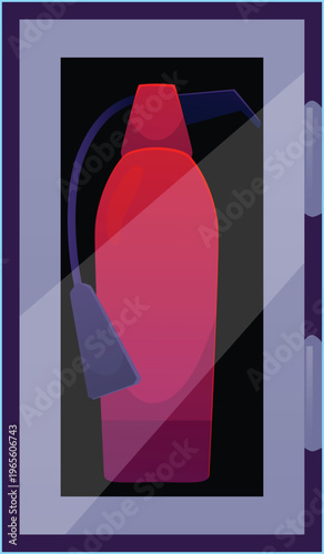 Red fire extinguisher with nozzle in wall box behind the glass door flat vector icon, emergency tool ignition prevention