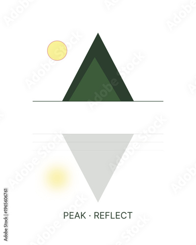 A minimalist poster design featuring a geometric mountain peak 
and its mirrored reflection, symbolizing introspection and duality.

The design uses layered triangular shapes with a muted earth-tone .