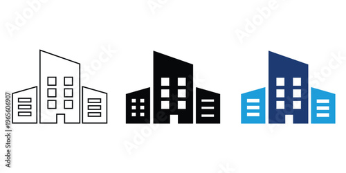 Building outline and solid icon set. City architecture symbols vector.