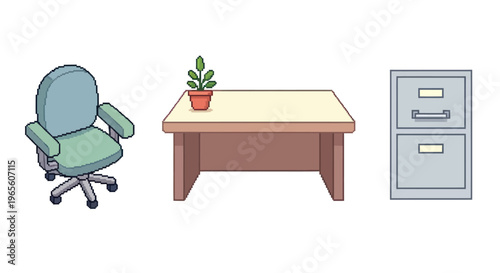 Office Furniture: Chair, Desk, Filing Cabinet - Isometric Cartoon Style