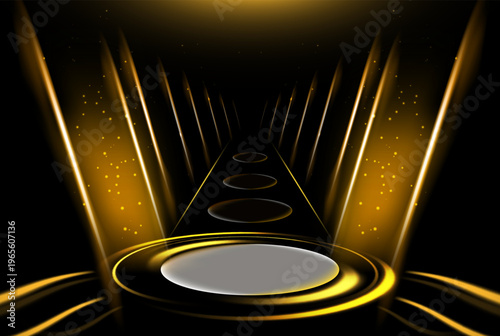 3D Modern White Circular Podium with Floating Blue Spheres Background