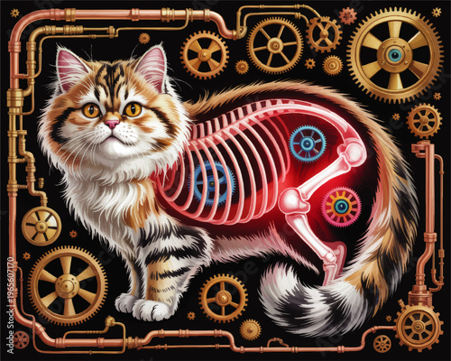 Steampunk mechanical cat illustration with exposed glowing skeleton, colorful gears and brass pipes on dark background, surreal sci fi art