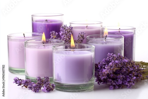 Lavender Candles with Purple Flowers Burning.
