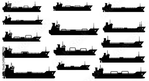 Black  White Silhouette Set of Cargo Ships, Freight Vessels, and Barges