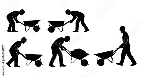 Construction Workers Silhouettes Pushing Wheelbarrows, Black and White Vector Art
