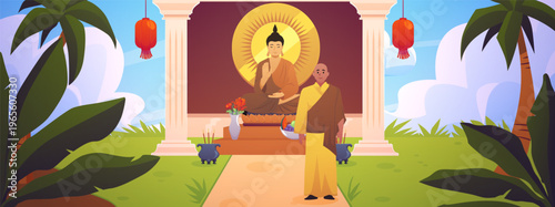 Thai Monk in traditional robe standing near the Buddhist temple with altar worshiping Buddha vector flat illustration