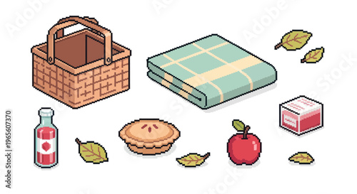 Pixel Art Picnic Basket, Apple Pie, Drink, Blanket and Apple