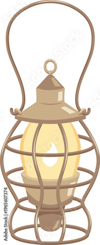 Vintage lantern with burning candle, vector cartoon antique hanging lighting device, medieval kerosene lamp