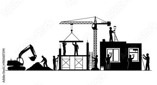 Construction Scene with Crane, Workers, and Excavator - Black  White Silhouette