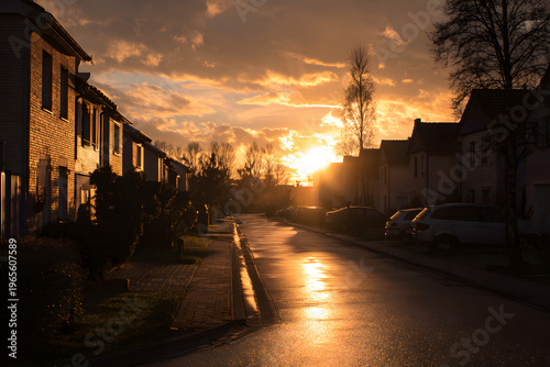 Sunset on a residential street road.