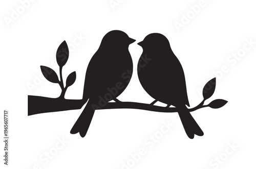 Two black bird silhouettes perch closely together on a branch with simple leaf details