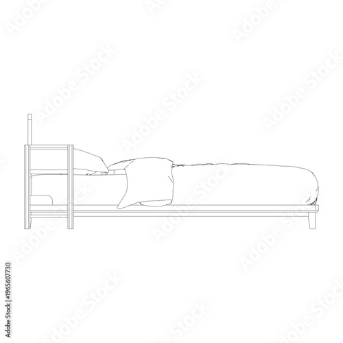 Side view of single bed with nightstand in simple outline style, highlighting clean and modern bedroom furniture profile.