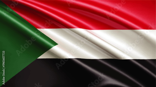 Realistic Sudan flag waving in wind, detailed fabric texture with green triangle and red, white, black horizontal stripes