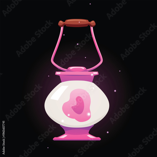Vintage magic lantern with sparkles flat vector, fairytale antique hanging candle holder pink round shape, wizard lamp