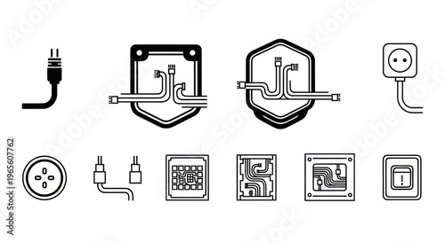 Technology Icons: Circuit board, cables, plug, socket, switch, button