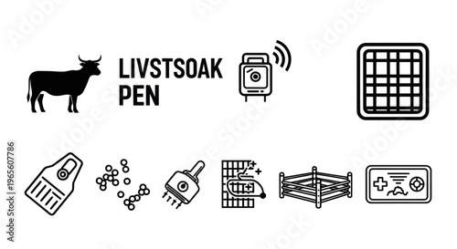 Livestock Pen Technology Icons - Cow, Speaker, Grid, Fence, Controller
