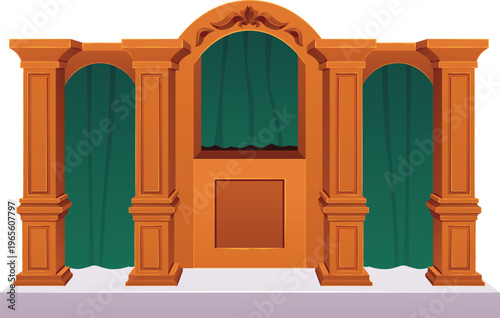 Confessional booth, church interior confession wooden furniture with green curtains, vector vintage chapel interior