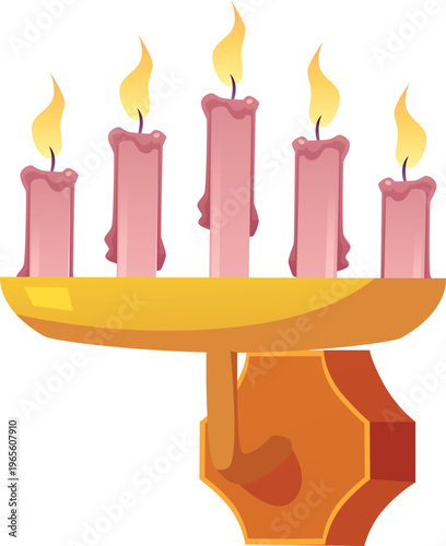 Vintage wall candles holder and golden candelabrums flat vector, church religion ceremony burning candles on candlestick