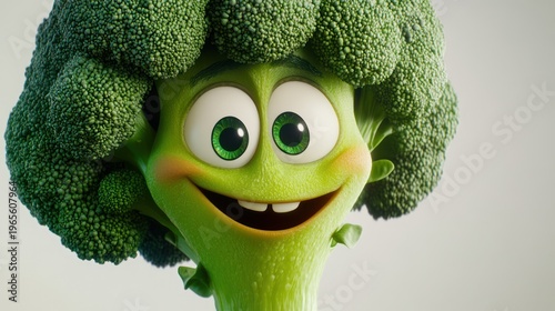 Smiling broccoli character with big eyes against a white background for healthy food content