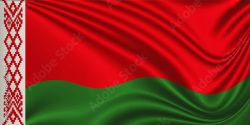 Waving Belarus flag with traditional red ornament border and green stripe, realistic silk fabric texture, national patriotic background