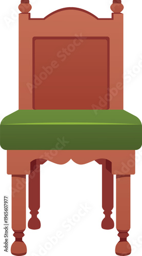 Wooden armchair with green seat vector flat icon, church lounge furniture, vintage couch chapel or cathedral interior