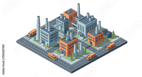Isometric Industrial Cityscape with Factories and Trucks.