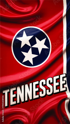 Tennessee state flag illustration with three white stars on red fabric background and bold retro Tennessee typography