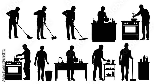 Black and White Silhouettes of Men Cleaning and Cooking
