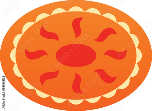 Round rug with orange sun pattern, vector cartoon woven carpet for floor in living room or bathroom, home textile mat