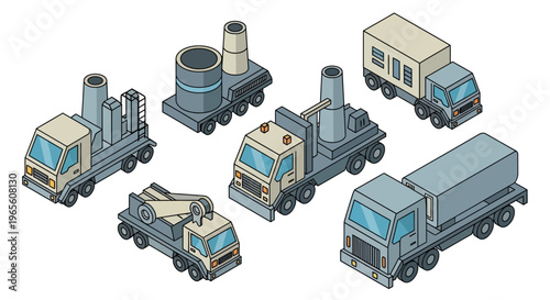 Isometric Industrial Vehicles and Trucks Collection for Logistics and Manufacturing.