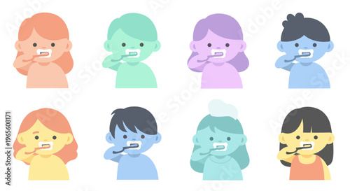Kids brushing teeth: Flat cartoon illustration of diverse children dental hygiene