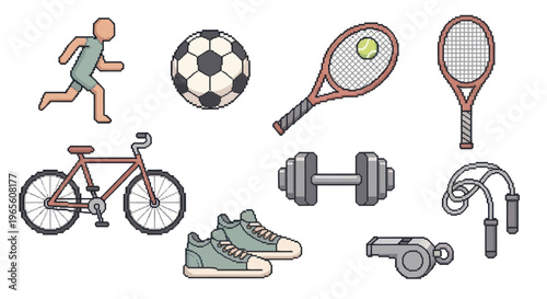 Pixel Art Icons of Sports Equipment and Athlete on White Background