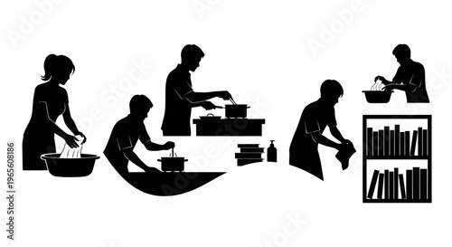 Black Silhouette of people doing household chores and reading