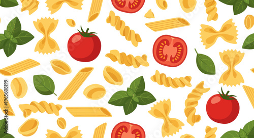 Seamless Pattern with Pasta, Tomatoes and Basil, Flat Design