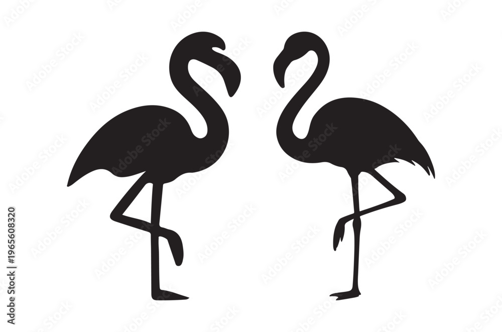 Obraz premium Two elegant flamingos stand gracefully facing each other in a simple black silhouette design