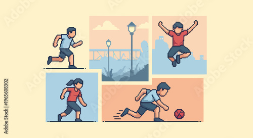 Pixel Art Kids Playing Sports: Running, Jumping, Football