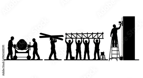 Construction workers building and painting in black and white silhouette