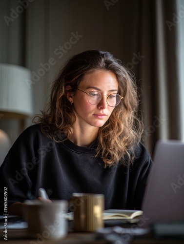 Young woman glasses brown hair black sweater sitting desk working laptop focused natural light home office relaxed thoughtful writing coffee cup remote work casual adult technology concentration